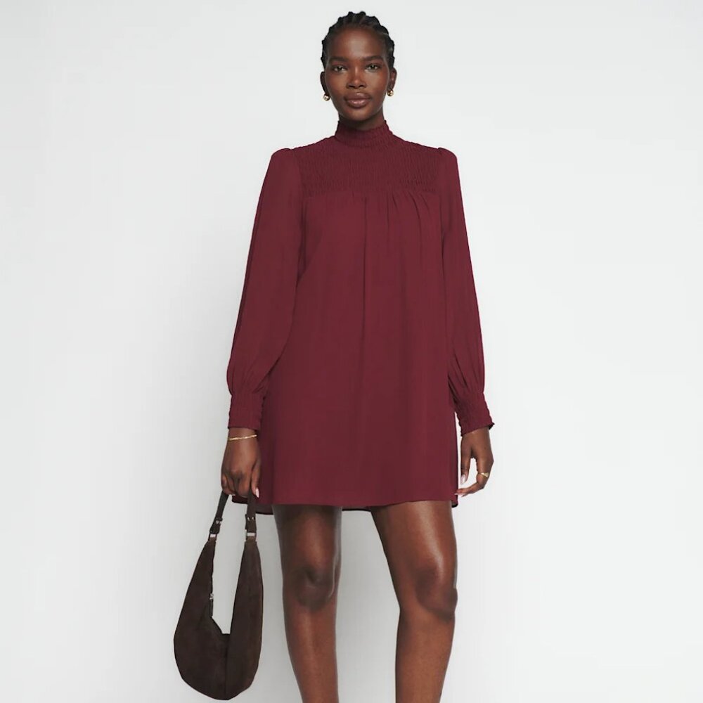 Reformation Brandi Smocked Long Sleeve Plum/Deep Red Mini Dress